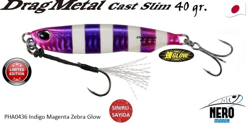 Drag Metal Cast Slim Tachi Jig 40Gr. PHA0436 Indigo Magenta Zebra Glow