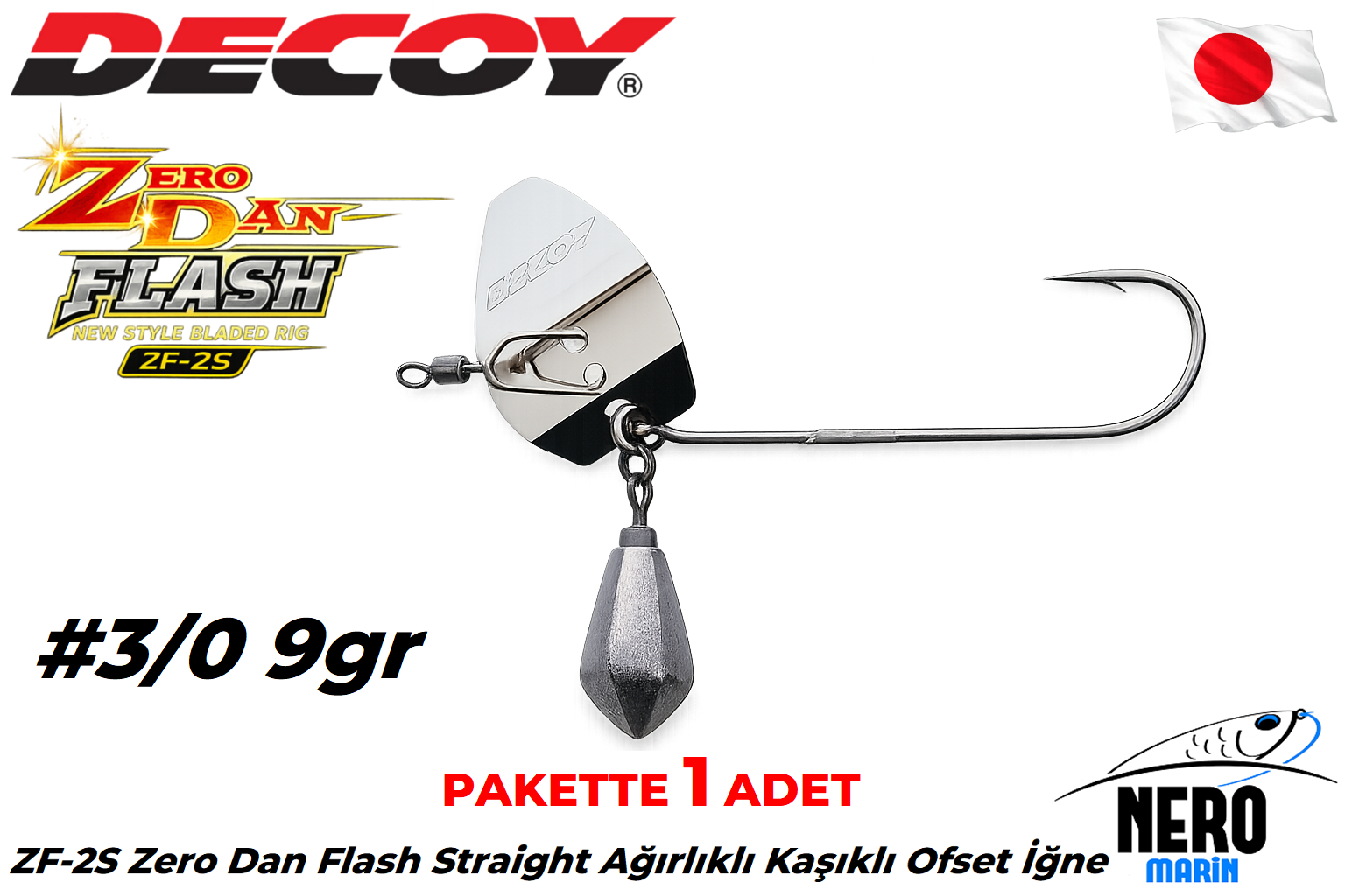 Decoy ZF-2S ZERO-DAN Flash Straight Ağırlıklı Kaşıklı Uzun Pala İğne NS Black #3/0-9g (1 Adet / Paket)
