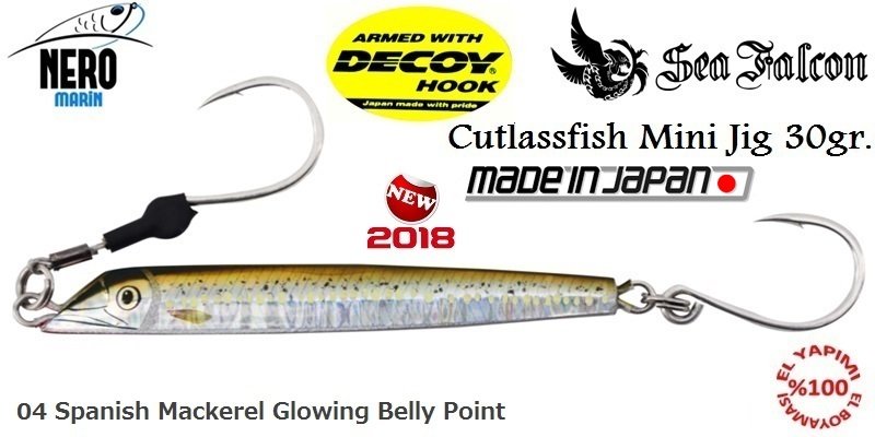 Sea Falcon Cutlass Fish Jig Mini 30gr. 04 Spanish Mackerel Glowing Belly Point