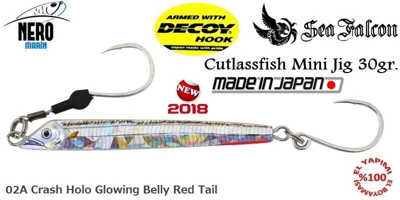 Sea Falcon Cutlass Fish Jig Mini 30gr. 02A Crash Holo Glowing Belly Red Tail